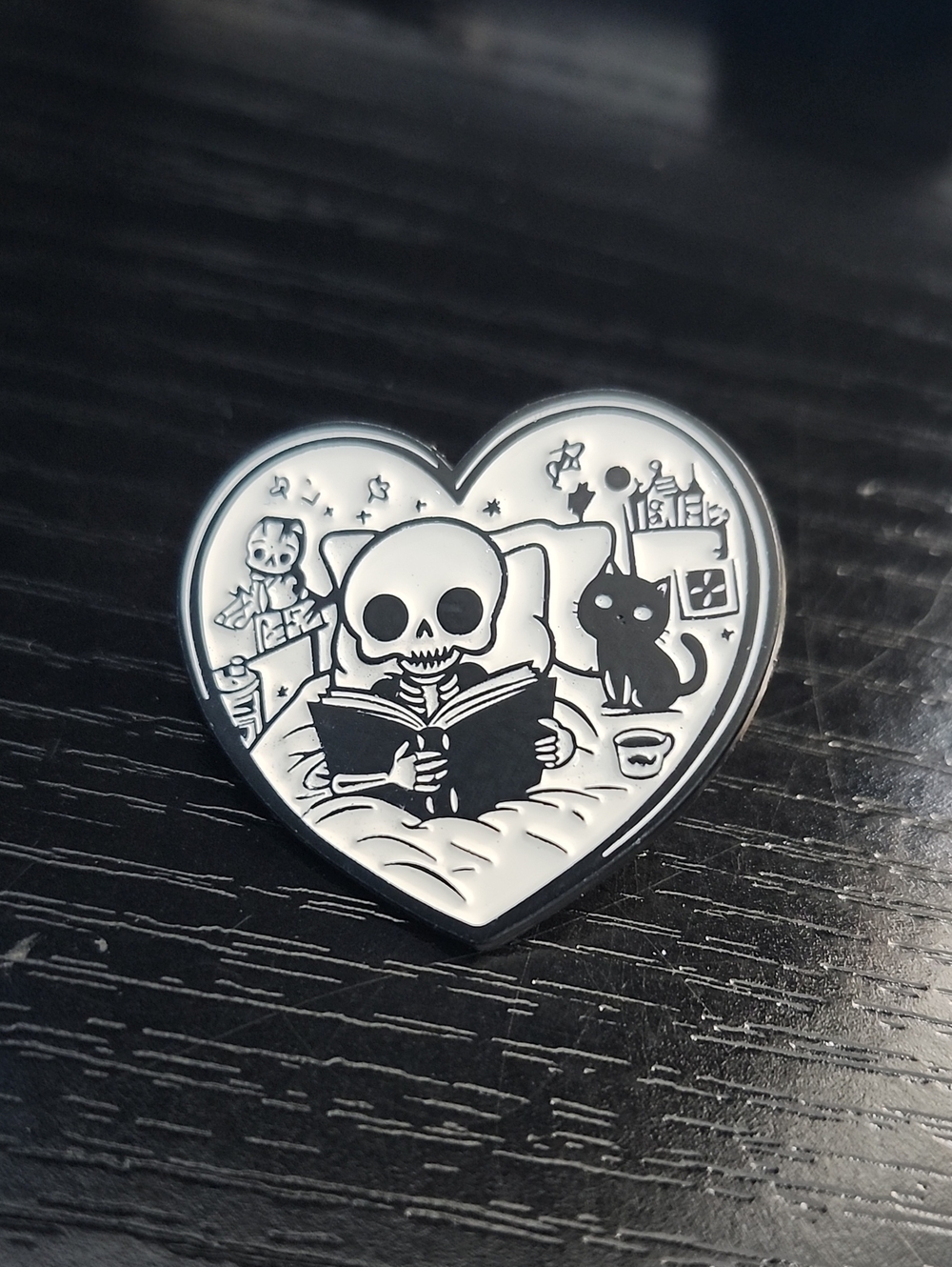 Bedtime Skeleton and Black Cat Heart Shaped Enamel Pin